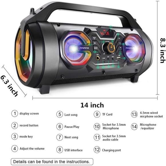 Bluetooth Speaker, 30W Portable Bluetooth Boombox with Subwoofer, FM Radio, RGB - Picture 3 of 6